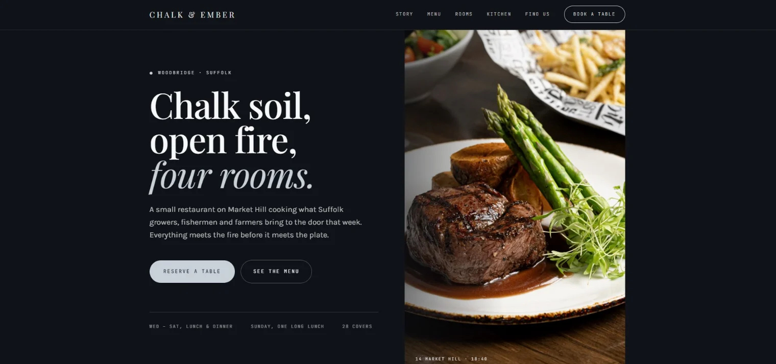 The Chalk & Ember restaurant homepage, a grilled steak with asparagus and potatoes beside a Chalk soil, open fire, four rooms headline with Reserve A Table and See The Menu buttons