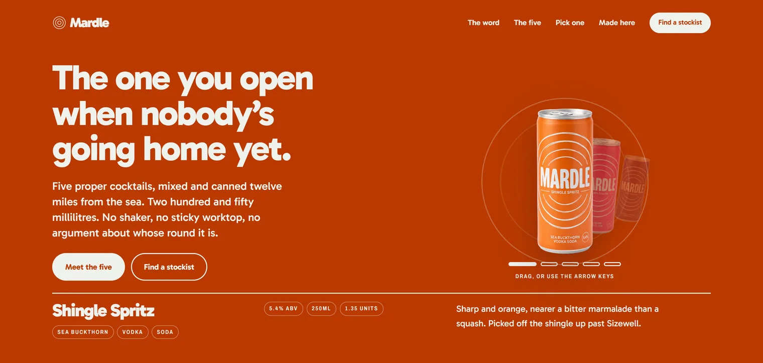 The Mardle homepage, a burnt-orange page with a row of canned cocktails beside a The one you open when nobody’s going home yet headline